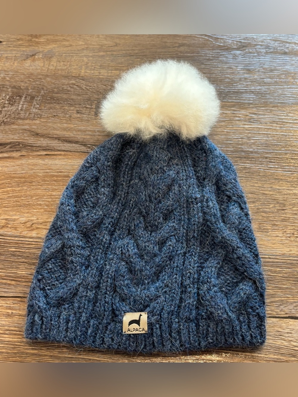 Alpaca Knit Pom Pom Beanie in Navy with Cream Pom